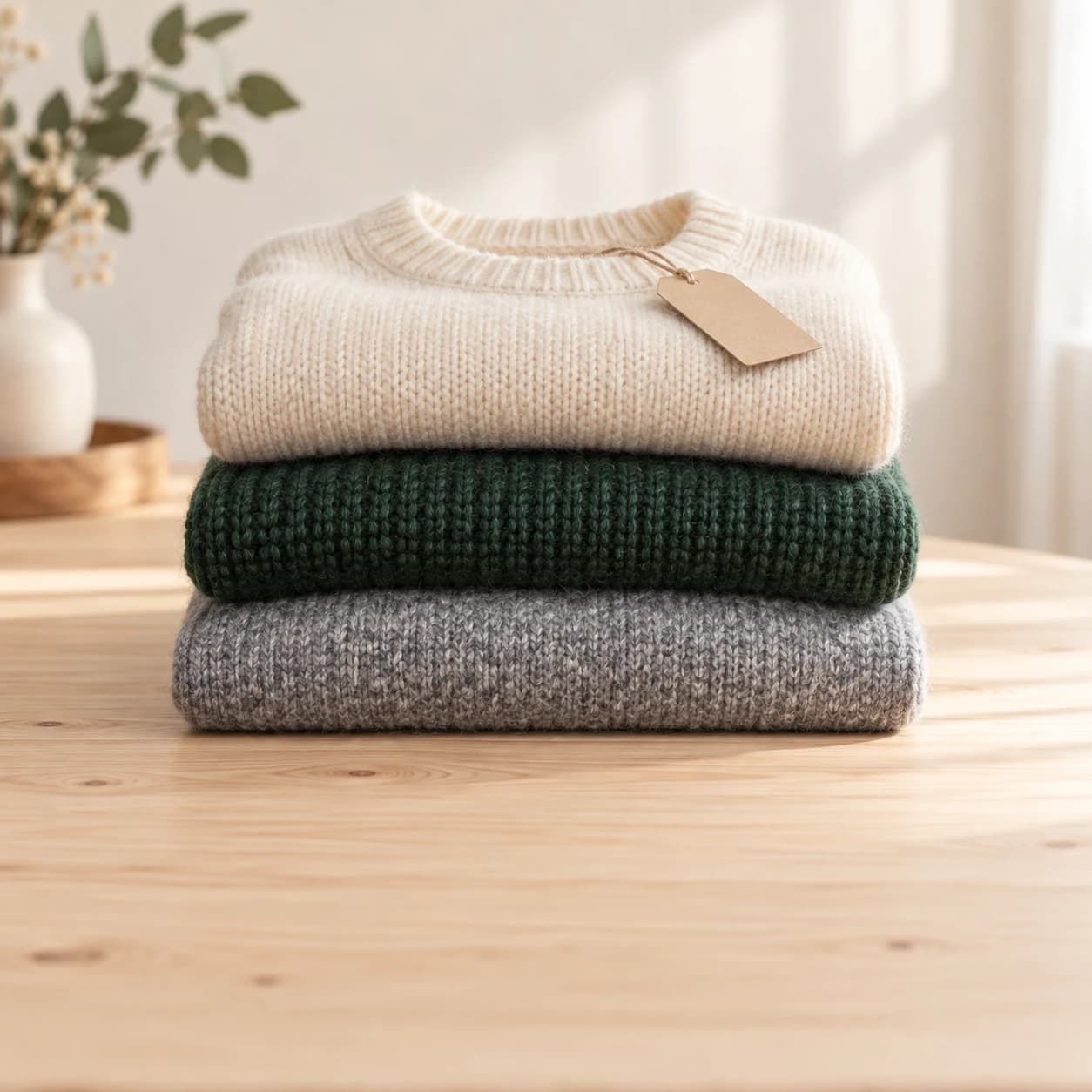 Drei gefaltete Strickpullover in Creme, Dunkelgrün und Grau auf einem Holztisch