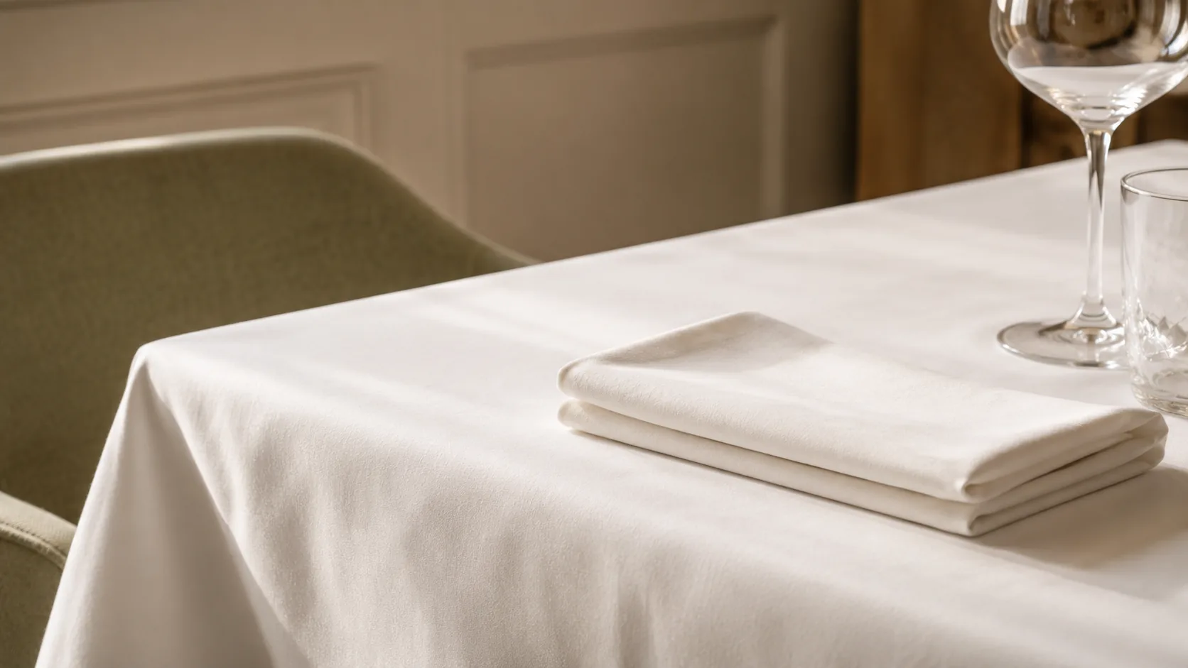 Gedeckter Tisch mit gefalteter Stoffserviette und Weingläsern