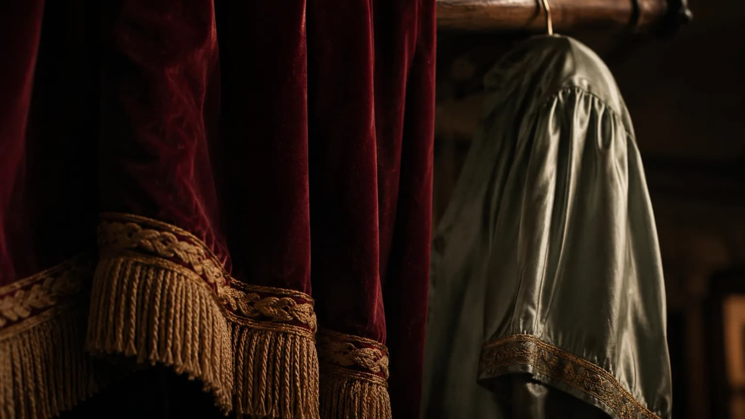 Detail eines Kostüms oder schweren Vorhangs mit sichtbarer Stoffstruktur