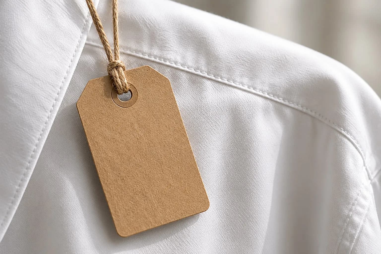 Weisses Hemd mit handgeschriebenem Preisschild auf warmem Naturpapier