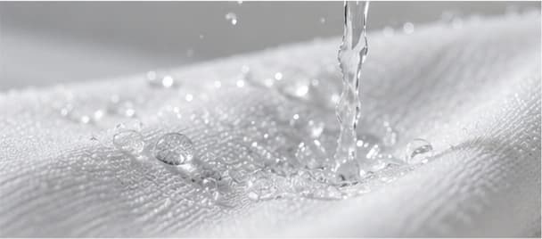 Wassertropfen treffen auf weisses Frottee — Sinnbild ökologischer Reinigung mit Wasser statt Chemie