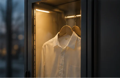 Automatische Kleiderausgabe am Abend, warmes Innenlicht hinter Glas