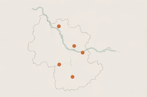 Reduzierte Karte der Region Basel mit fünf eingezeichneten Standorten