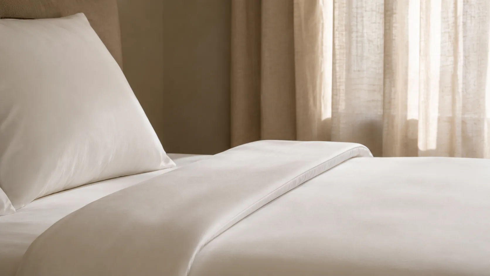 Detail eines frisch bezogenen Hotelbetts mit weisser Bettwäsche