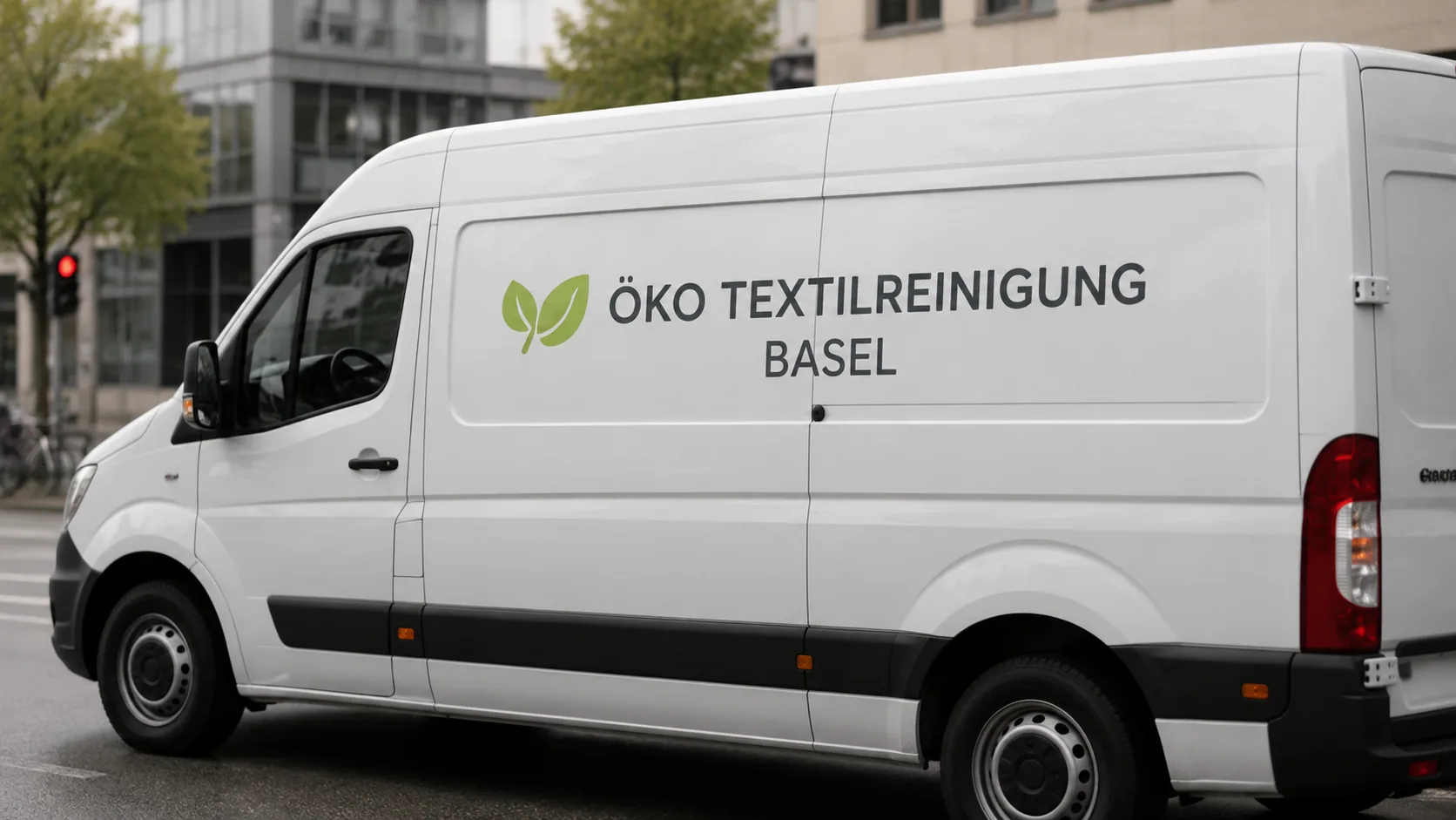 Weisser Lieferwagen mit Öko Textilreinigung Basel-Beschriftung