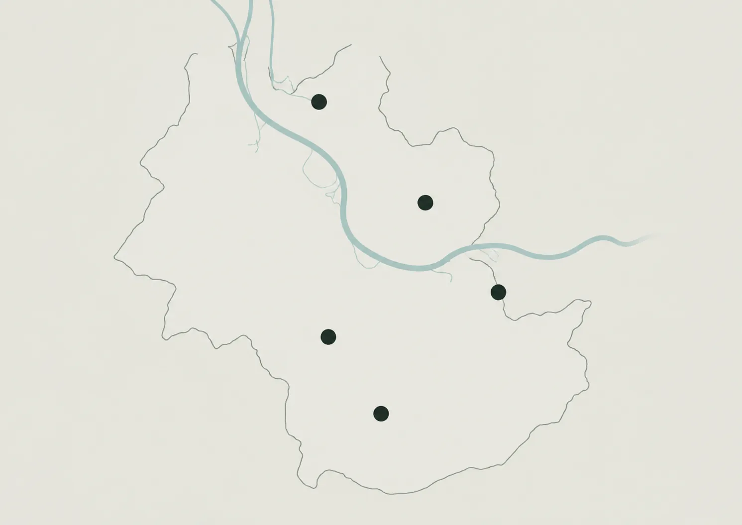 Stilisierte Karte der Region Basel mit fünf eingezeichneten Standorten