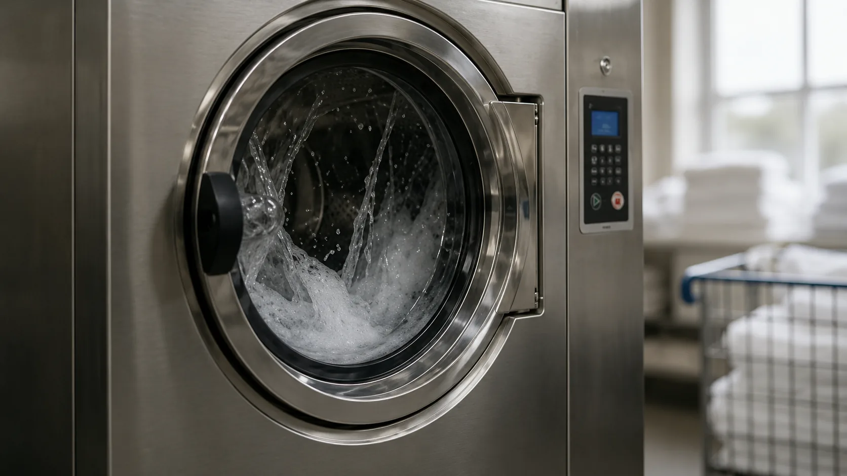 Industrielle Waschmaschine mit Wasser im Trommelfenster — Nassreinigung im Einsatz