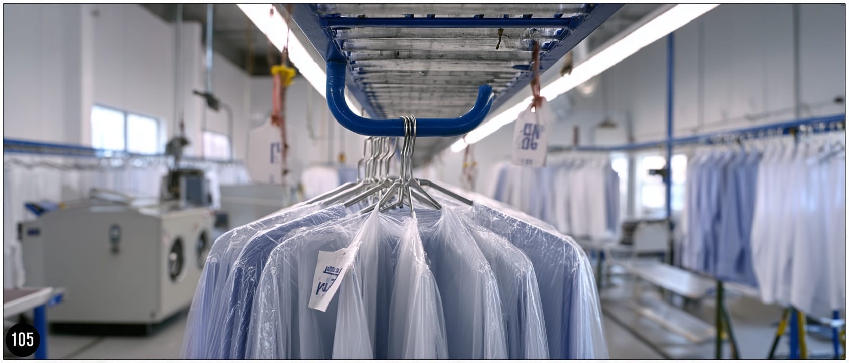 Frisch gereinigte Kleidung auf Bügeln in der Textilreinigungsanlage