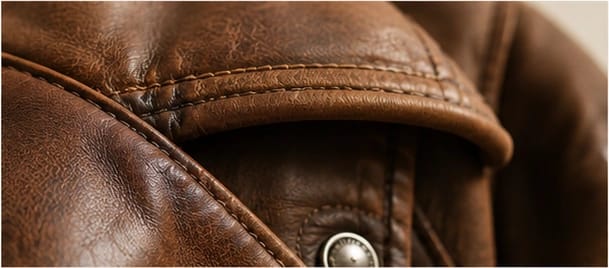 Detail einer Lederjacke mit warmem Karamellton — Kategorie Leder & Spezialreinigung