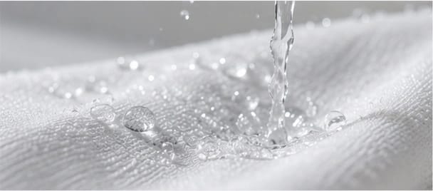 Wassertropfen auf weisser Stofffaser — Kategorie Nassreinigung