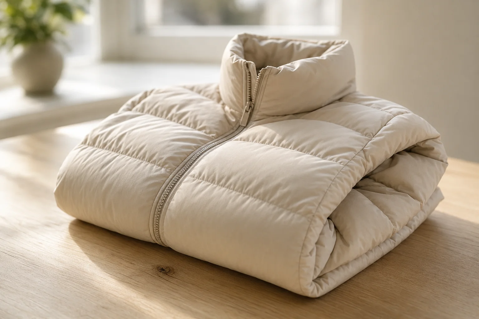 Gefaltete beige Daunenjacke mit Steppnaht und Reissverschluss